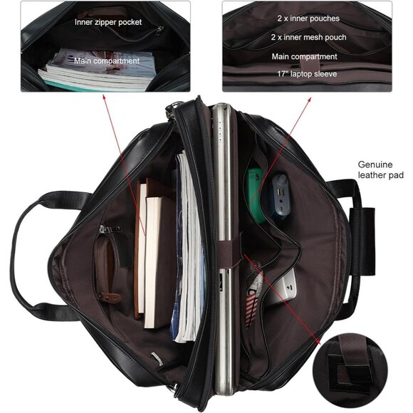 ⚡Men Black Fits 17.3 Inch Laptop Crossbody Bag Attached Leather Briefcase - Picture 4 of 9